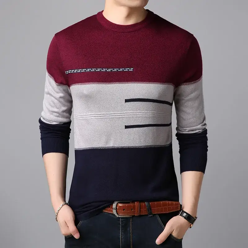Men Knitted Long Sleeve T-Shirt Red Grey Blue Slim Fit Crewneck - Image 6