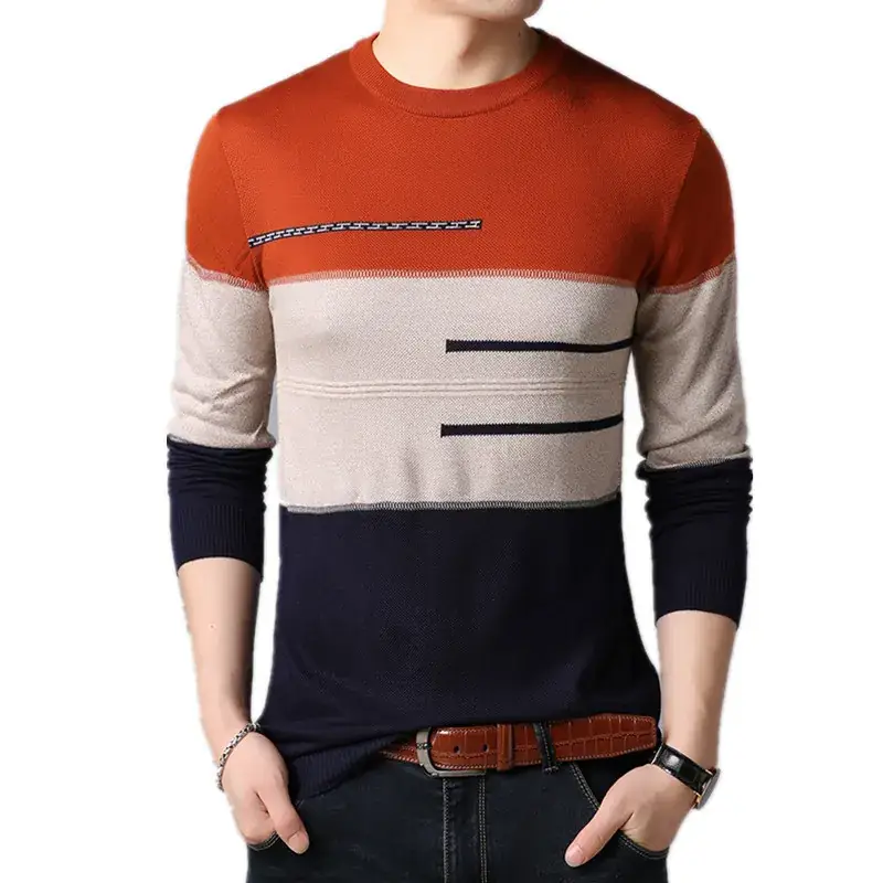 Men Knitted Long Sleeve T-Shirt Red Grey Blue Slim Fit Crewneck - Image 8