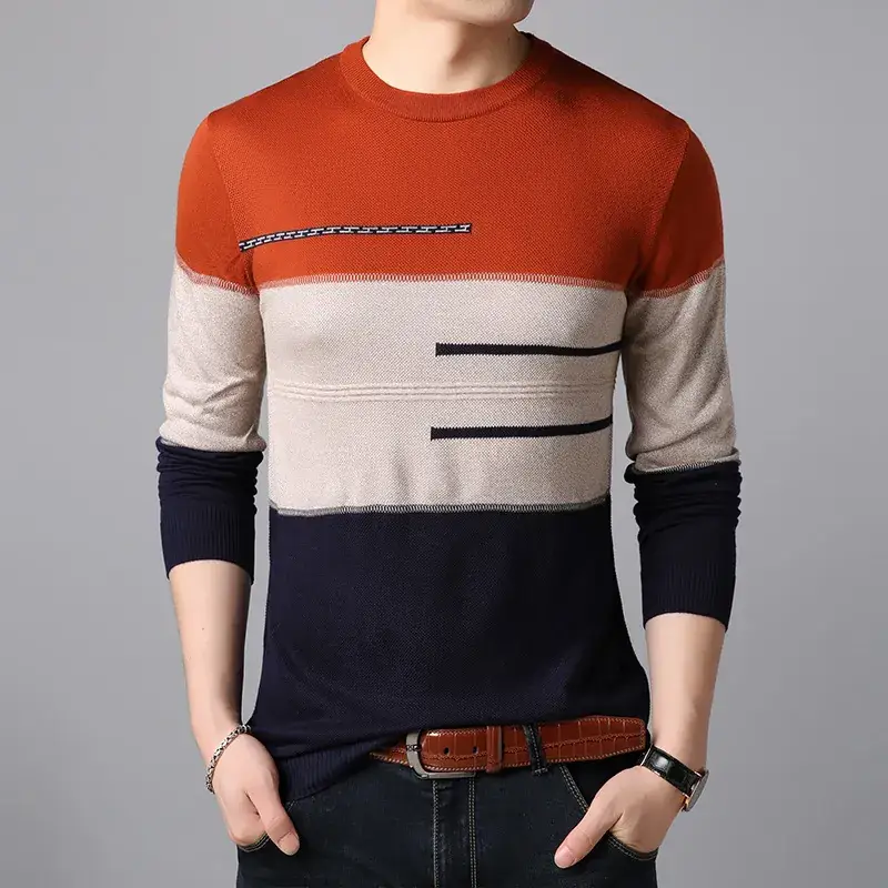 Men Knitted Long Sleeve T-Shirt Red Grey Blue Slim Fit Crewneck - Image 3