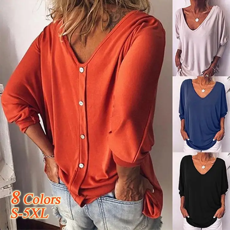 Black V-Neck Bat 3/4 Sleeve T-Shirt Women