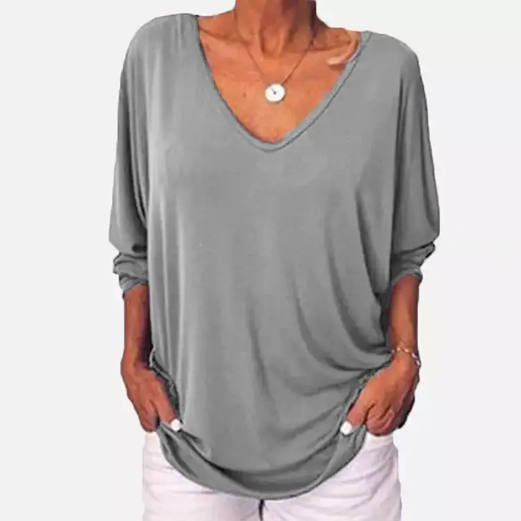 Black V-Neck Bat 3/4 Sleeve T-Shirt Women