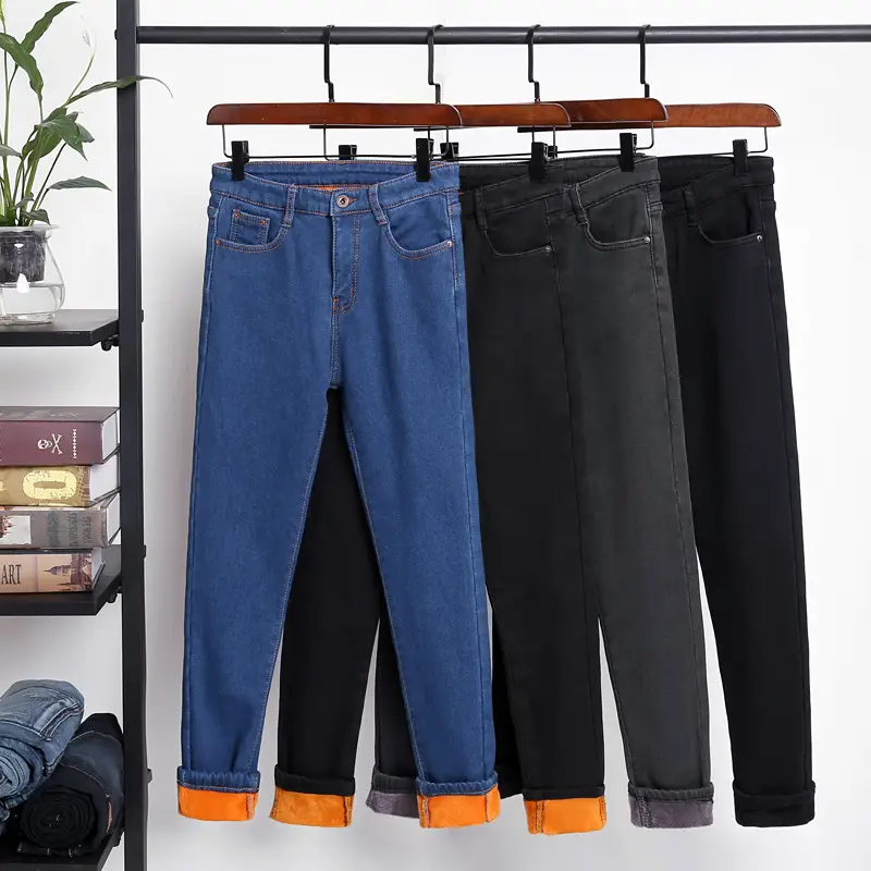 Women Slimming Fleece Jeans Blue Black Large - Image 6
