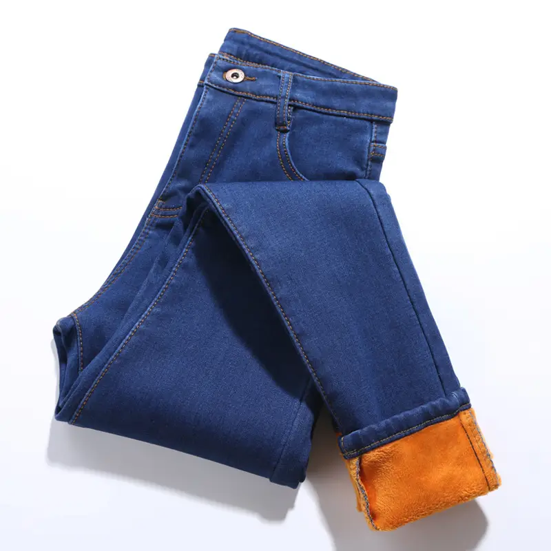 Women Slimming Fleece Jeans Blue Black Large - Image 8