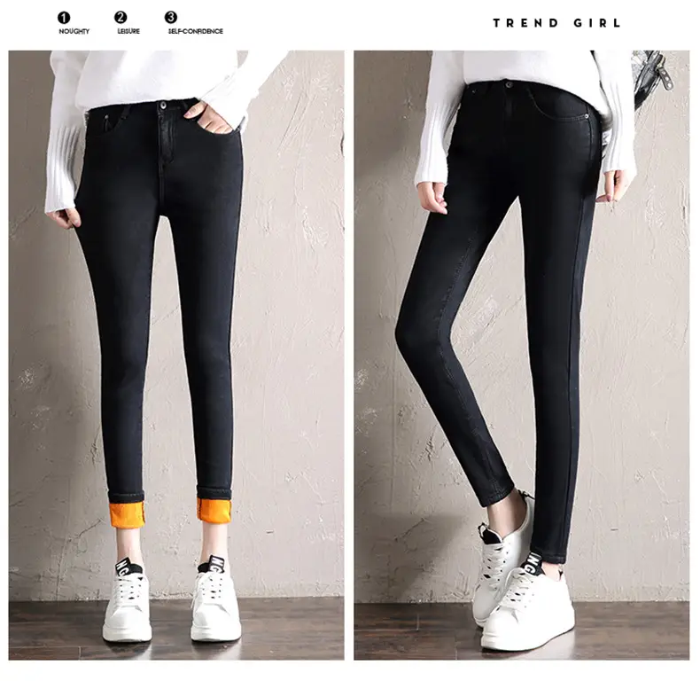 Women Slimming Fleece Jeans Blue Black Large - Image 2
