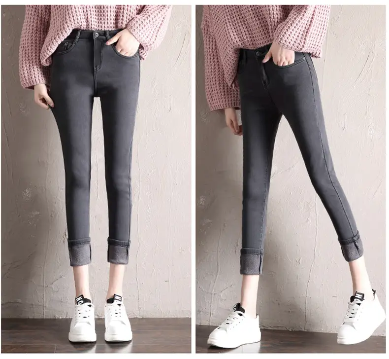 Women Slimming Fleece Jeans Blue Black Large - Image 3