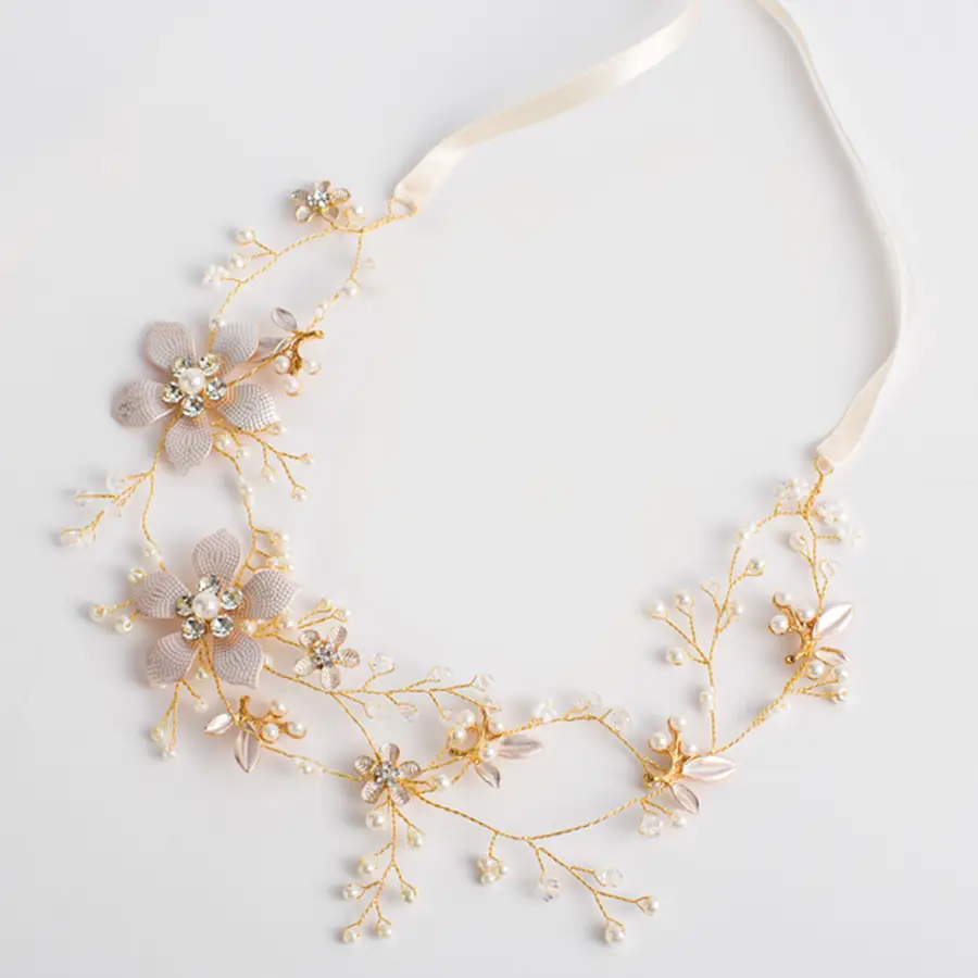 Golden Flower Twist Bead Hair Band for Wedding - Image 3