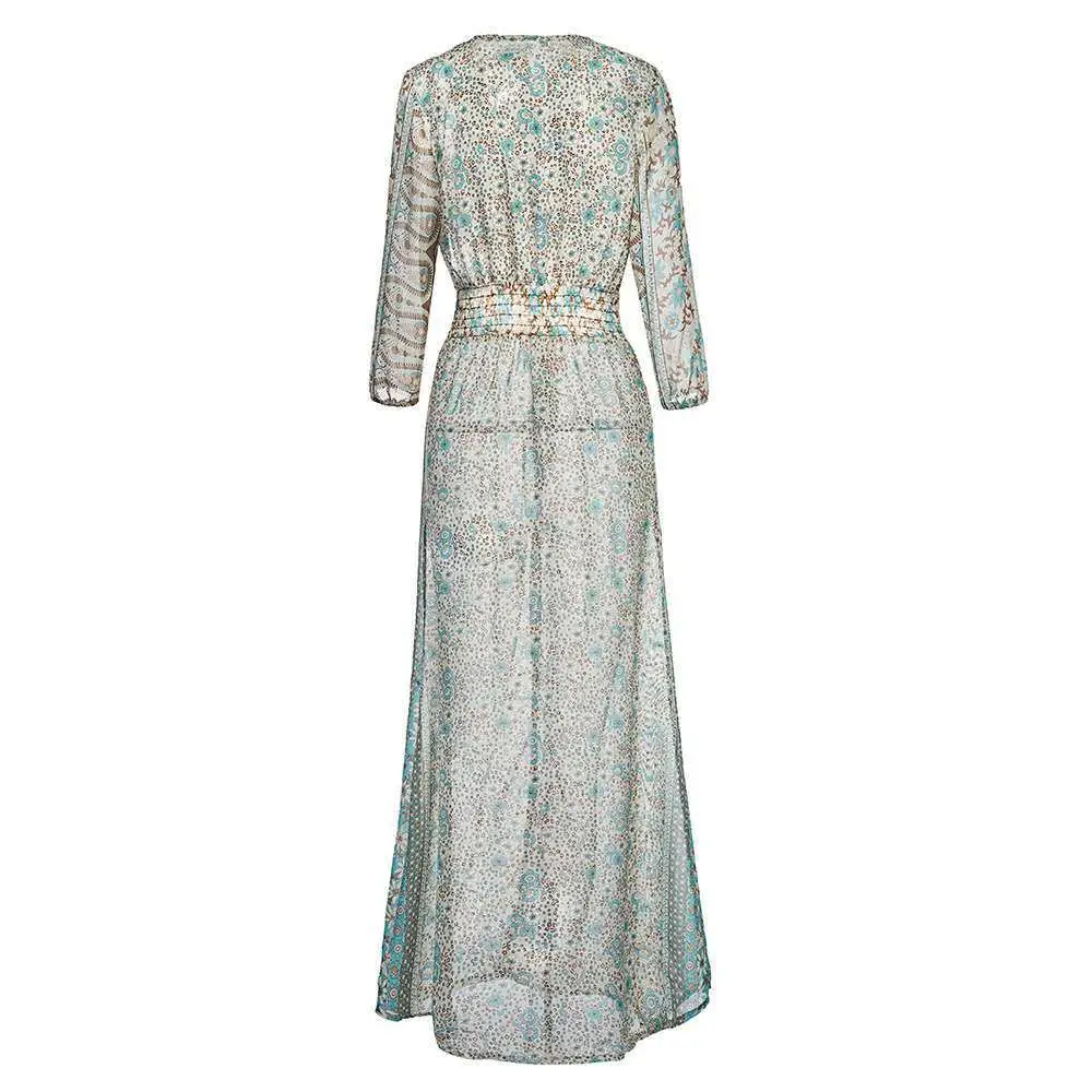 Women's Long Sleeve Printed Gown Dress Light Blue - Image 5