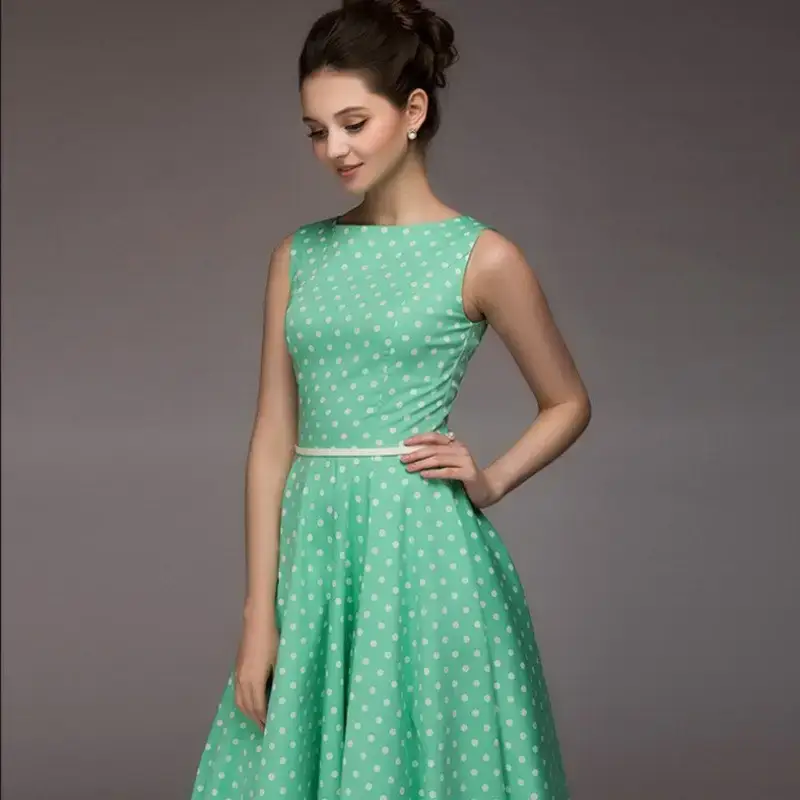 Green Sleeveless Polar Dot Long Dress for Women - Image 5