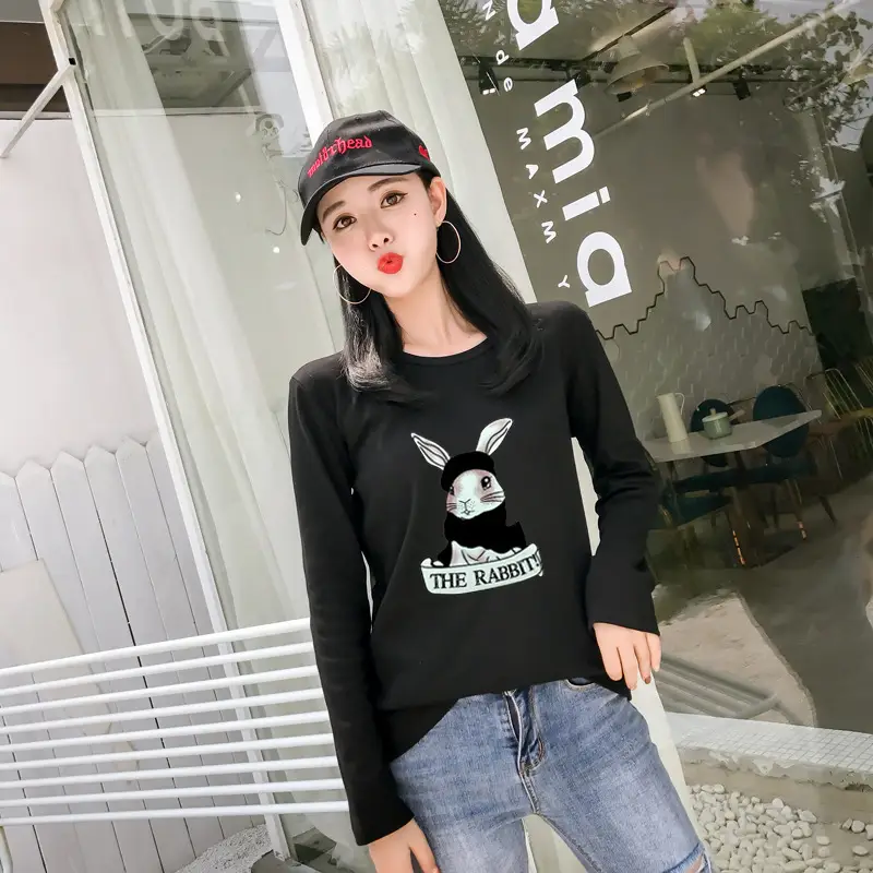2025 Cartoon Rabbit Long Sleeve T-Shirt Black Women - Image 7
