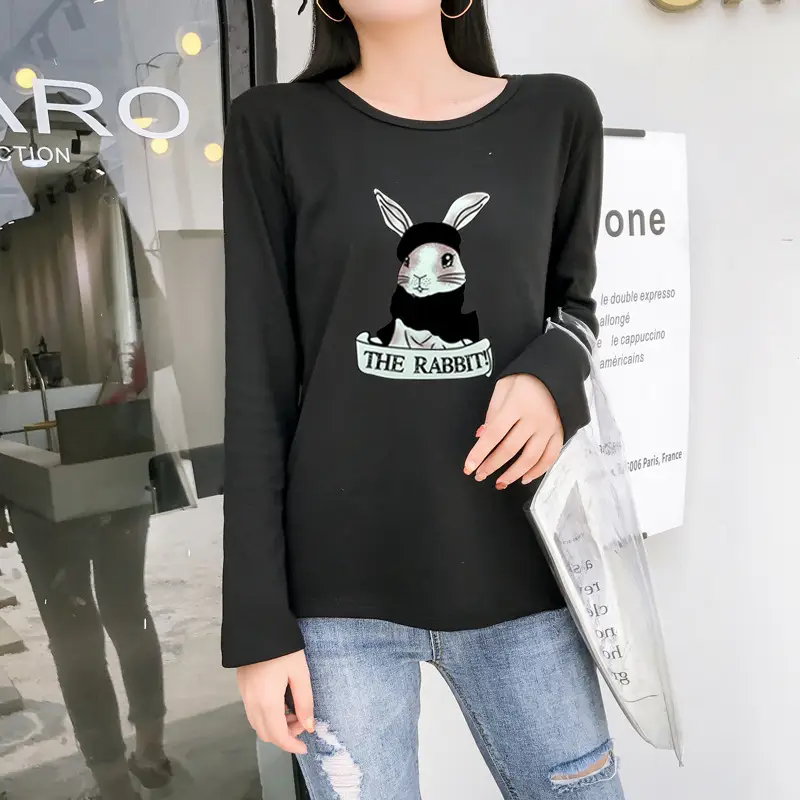 2025 Cartoon Rabbit Long Sleeve T-Shirt Black Women — feature 14