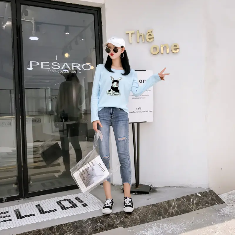 2025 Cartoon Rabbit Long Sleeve T-Shirt Black Women — feature 38