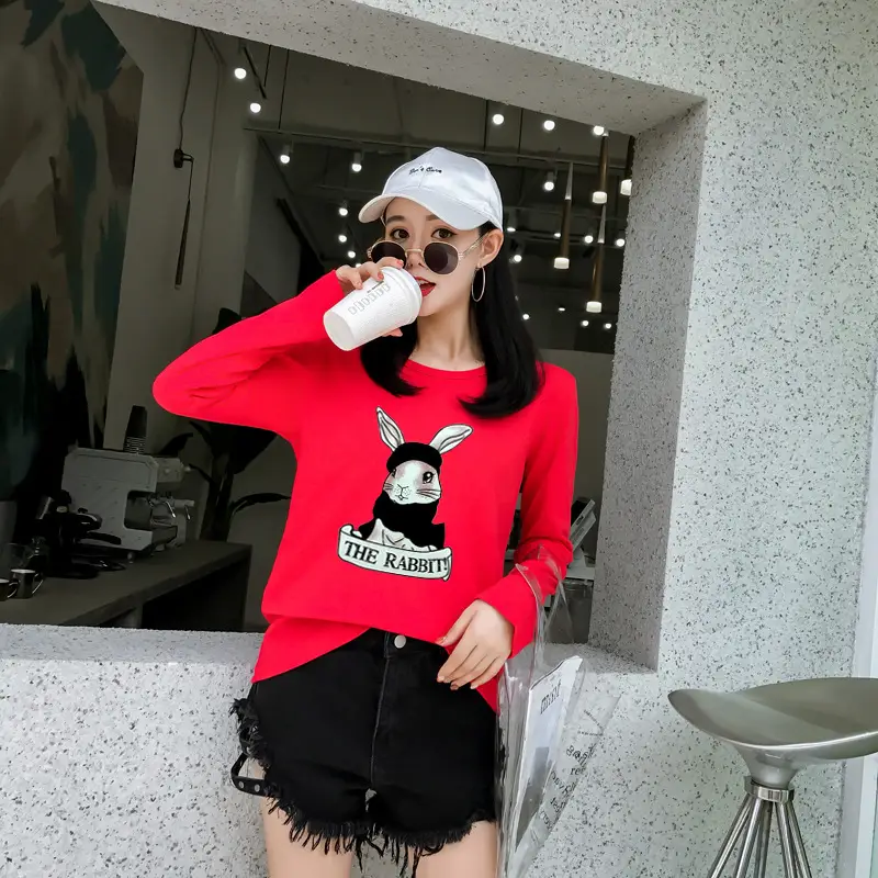 2025 Cartoon Rabbit Long Sleeve T-Shirt Black Women - Image 2