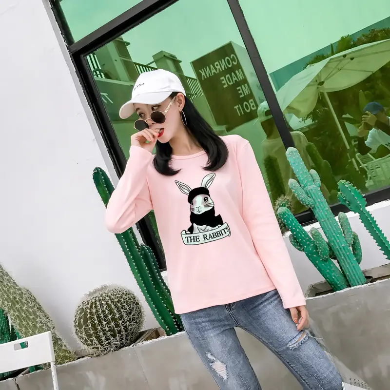 2025 Cartoon Rabbit Long Sleeve T-Shirt Black Women - Image 4