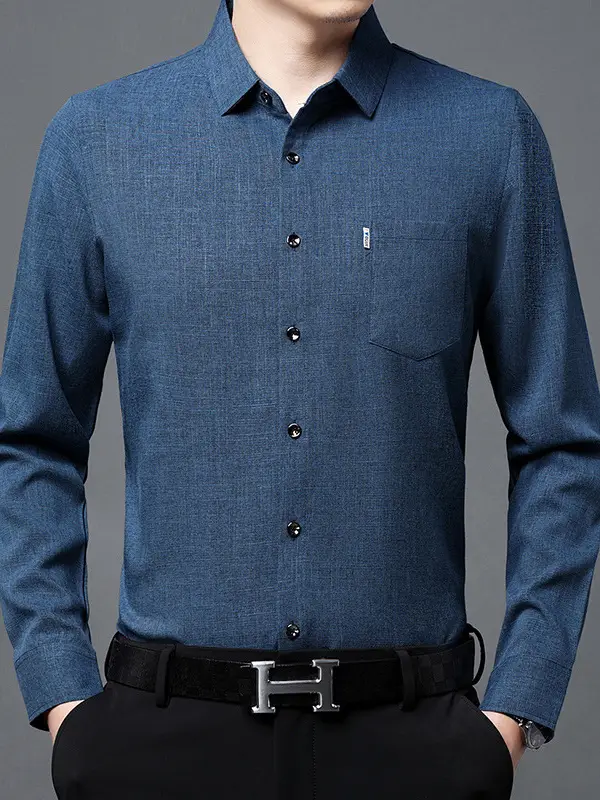 Men's Blue Long Sleeve Shirt Solid Color Real Pocket Business Casual