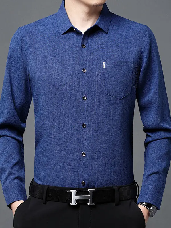 Men's Blue Long Sleeve Shirt Solid Color Real Pocket Business Casual
