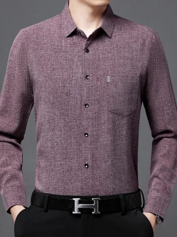 Men's Blue Long Sleeve Shirt Solid Color Real Pocket Business Casual