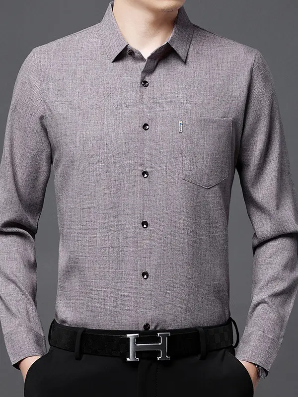 Men's Blue Long Sleeve Shirt Solid Color Real Pocket Business Casual
