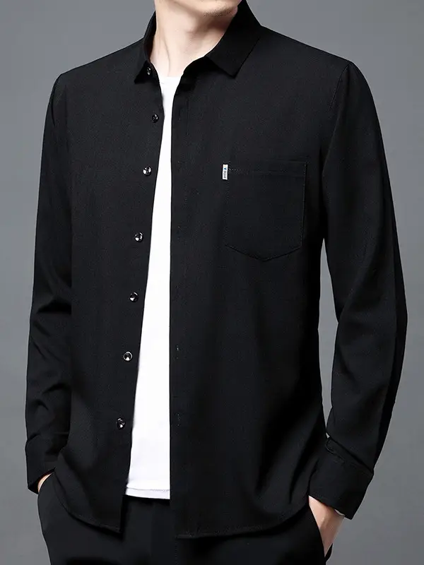 Men's Blue Long Sleeve Shirt Solid Color Real Pocket Business Casual