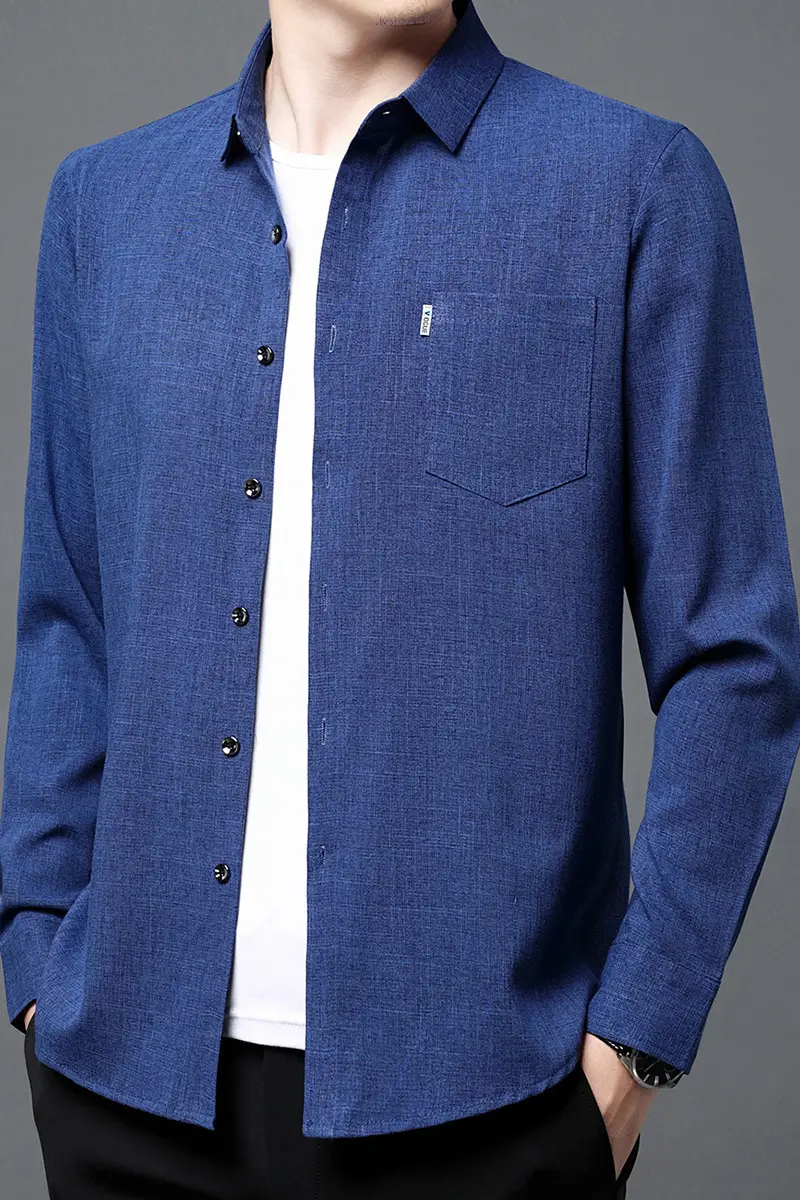 Men's Blue Long Sleeve Shirt Solid Color Real Pocket Business Casual — feature 12