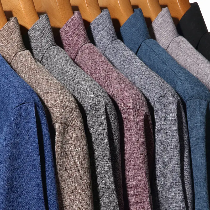 Men's Blue Long Sleeve Shirt Solid Color Real Pocket Business Casual — feature 13