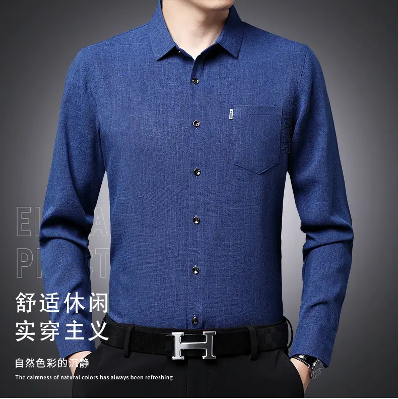 Men's Blue Long Sleeve Shirt Solid Color Real Pocket Business Casual — feature 18