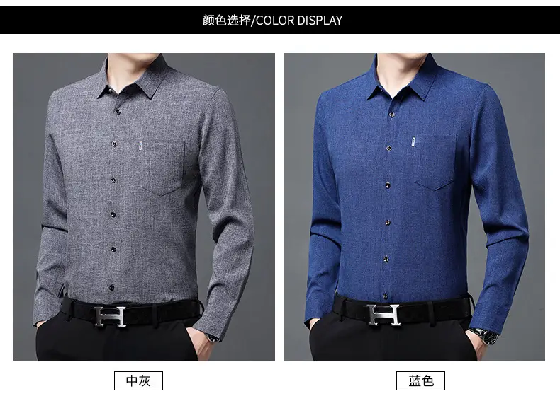 Men's Blue Long Sleeve Shirt Solid Color Real Pocket Business Casual — feature 21