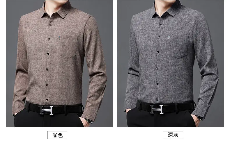 Men's Blue Long Sleeve Shirt Solid Color Real Pocket Business Casual — feature 22