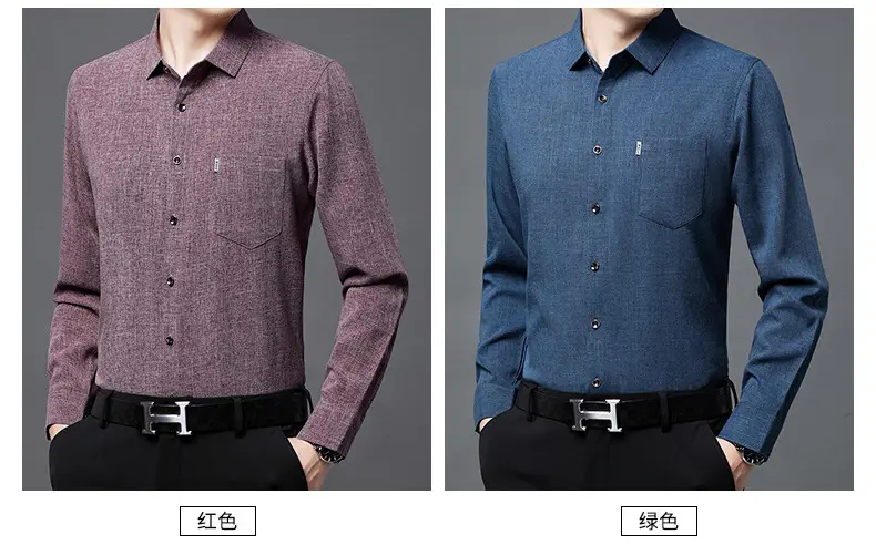 Men's Blue Long Sleeve Shirt Solid Color Real Pocket Business Casual — feature 23