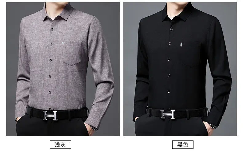 Men's Blue Long Sleeve Shirt Solid Color Real Pocket Business Casual — feature 24