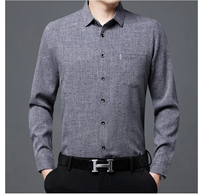Men's Blue Long Sleeve Shirt Solid Color Real Pocket Business Casual — feature 25