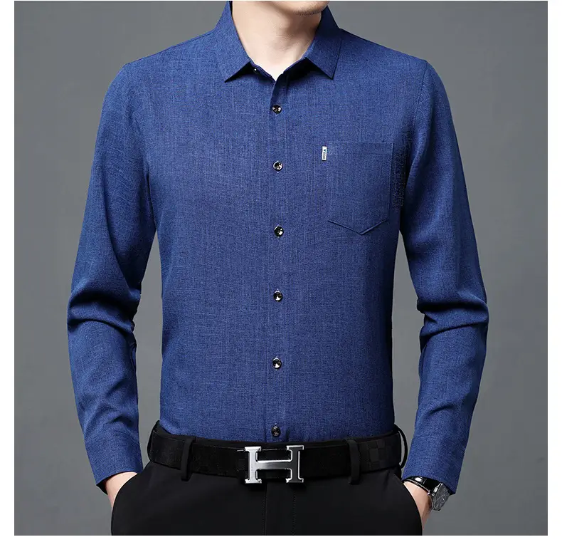Men's Blue Long Sleeve Shirt Solid Color Real Pocket Business Casual — feature 27