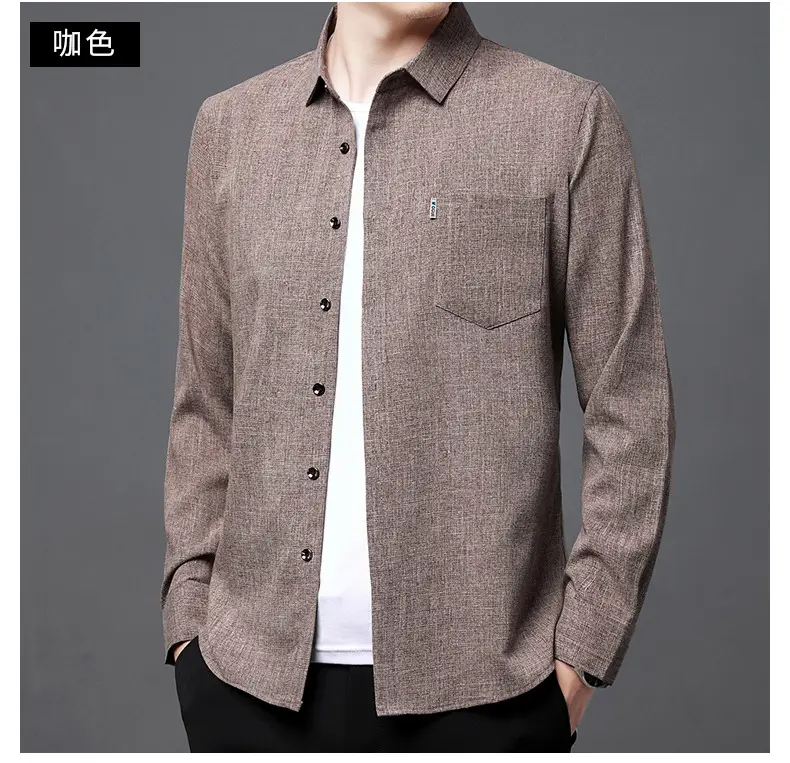 Men's Blue Long Sleeve Shirt Solid Color Real Pocket Business Casual — feature 28