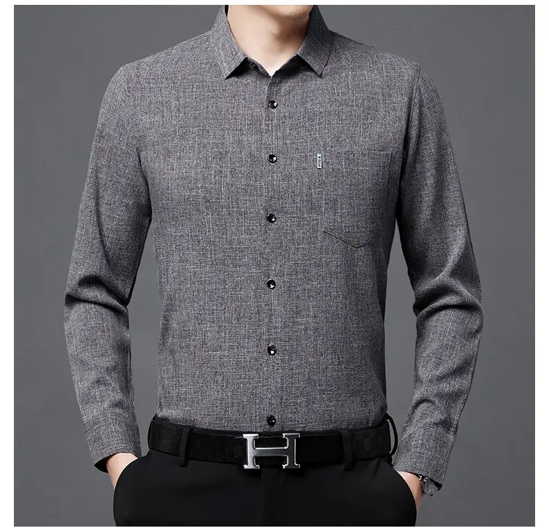 Men's Blue Long Sleeve Shirt Solid Color Real Pocket Business Casual — feature 29