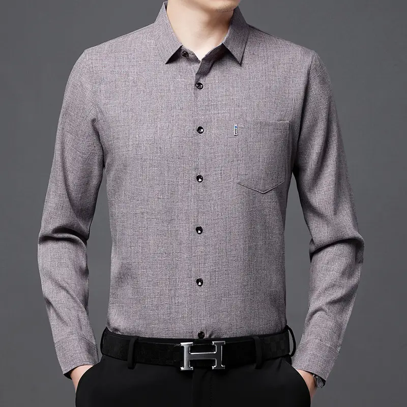 Men's Blue Long Sleeve Shirt Solid Color Real Pocket Business Casual — feature 3
