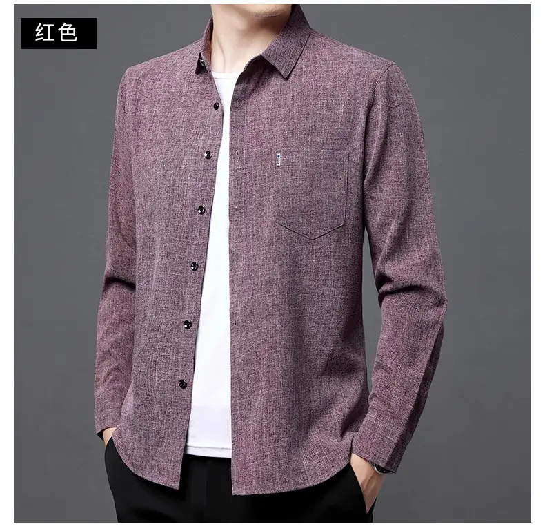 Men's Blue Long Sleeve Shirt Solid Color Real Pocket Business Casual — feature 30
