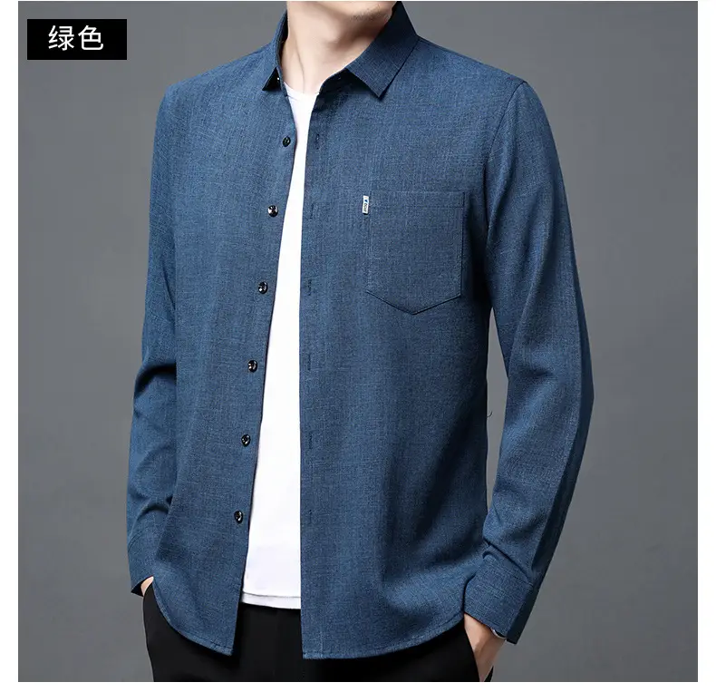 Men's Blue Long Sleeve Shirt Solid Color Real Pocket Business Casual — feature 31