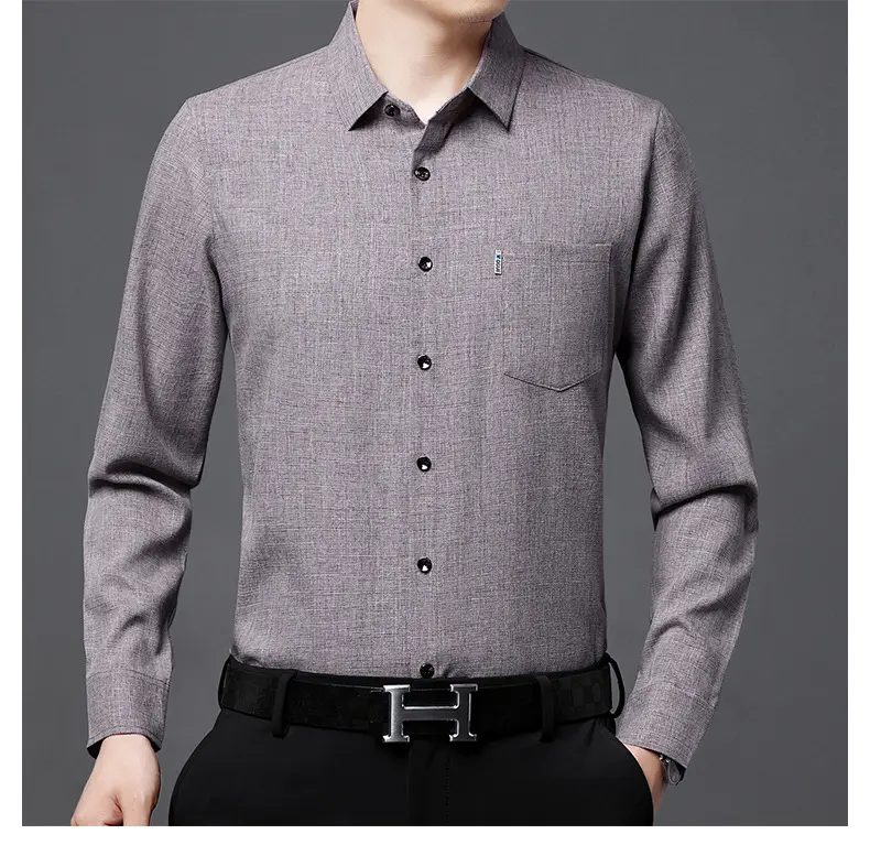 Men's Blue Long Sleeve Shirt Solid Color Real Pocket Business Casual — feature 32