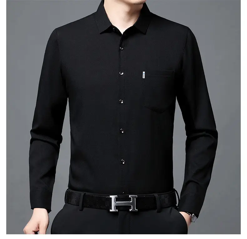Men's Blue Long Sleeve Shirt Solid Color Real Pocket Business Casual — feature 33