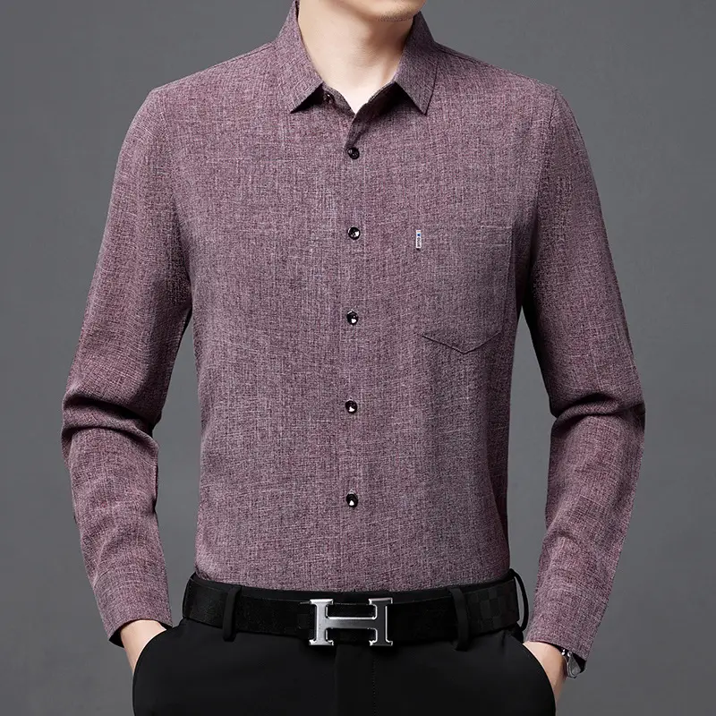 Men's Blue Long Sleeve Shirt Solid Color Real Pocket Business Casual