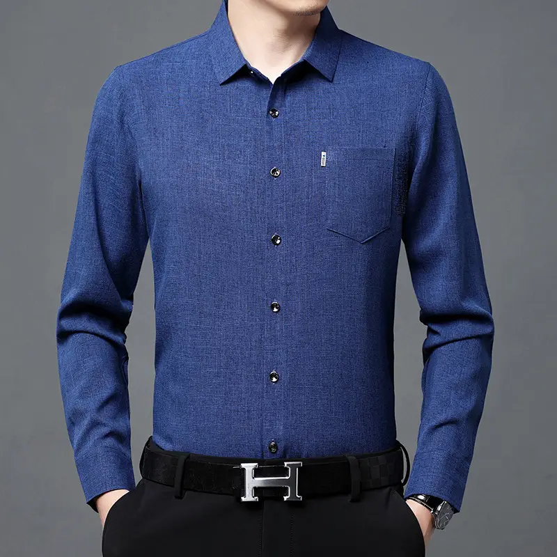 Men's Blue Long Sleeve Shirt Solid Color Real Pocket Business Casual