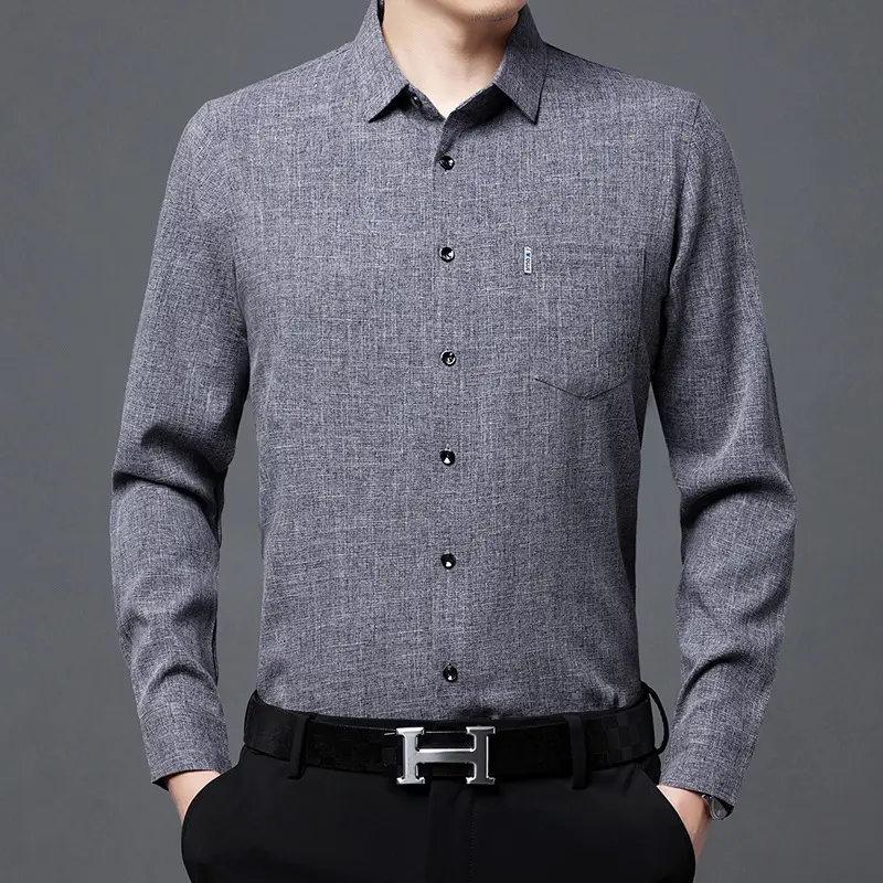 Men's Blue Long Sleeve Shirt Solid Color Real Pocket Business Casual