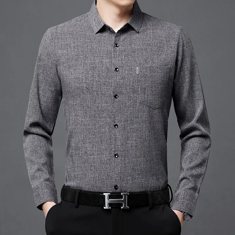 Men's Blue Long Sleeve Shirt Solid Color Real Pocket Business Casual