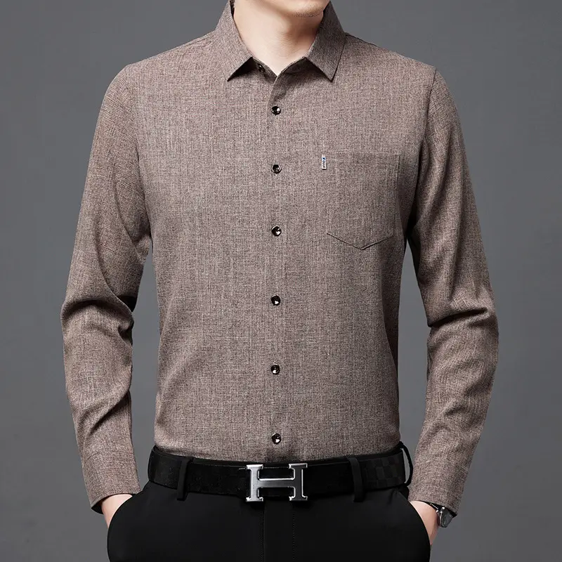 Men's Blue Long Sleeve Shirt Solid Color Real Pocket Business Casual