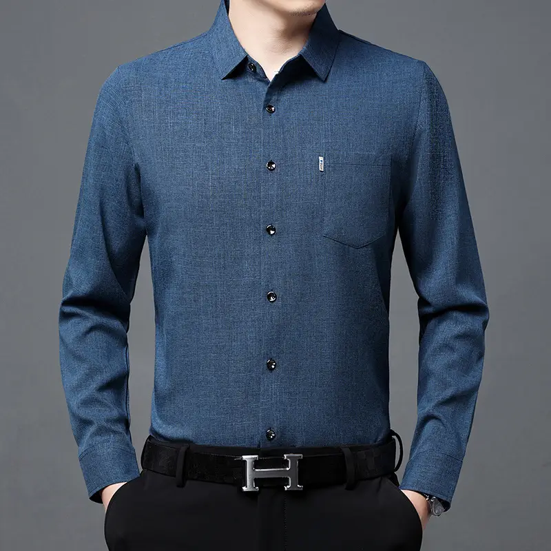 Men's Blue Long Sleeve Shirt Solid Color Real Pocket Business Casual
