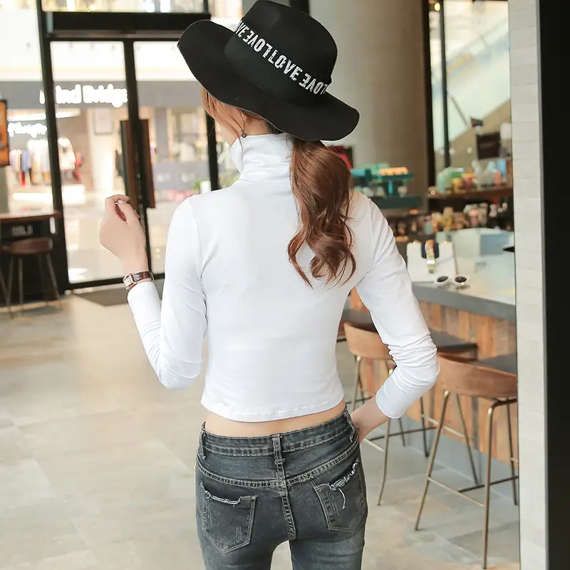 Women's White High Collar Slim Fit Top with Long Sleeves - Image 6