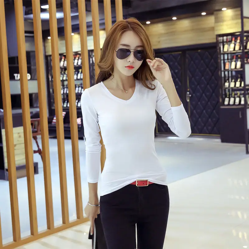 Korean-style V-neck Long-sleeve T-shirt for Girls - Image 2