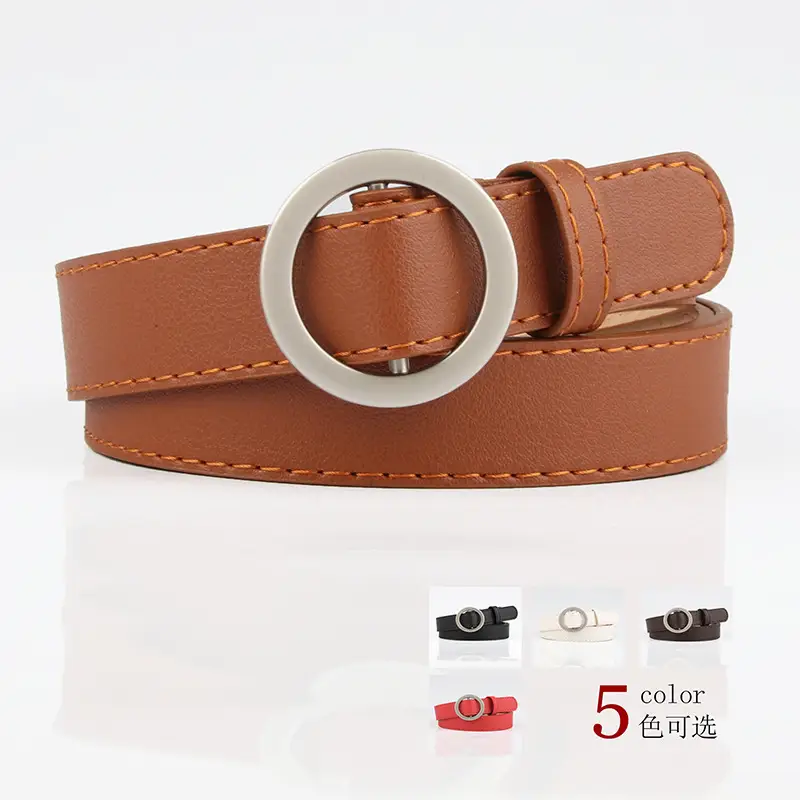 Brown No-Hole Round Buckle Belt for Women - Image 6
