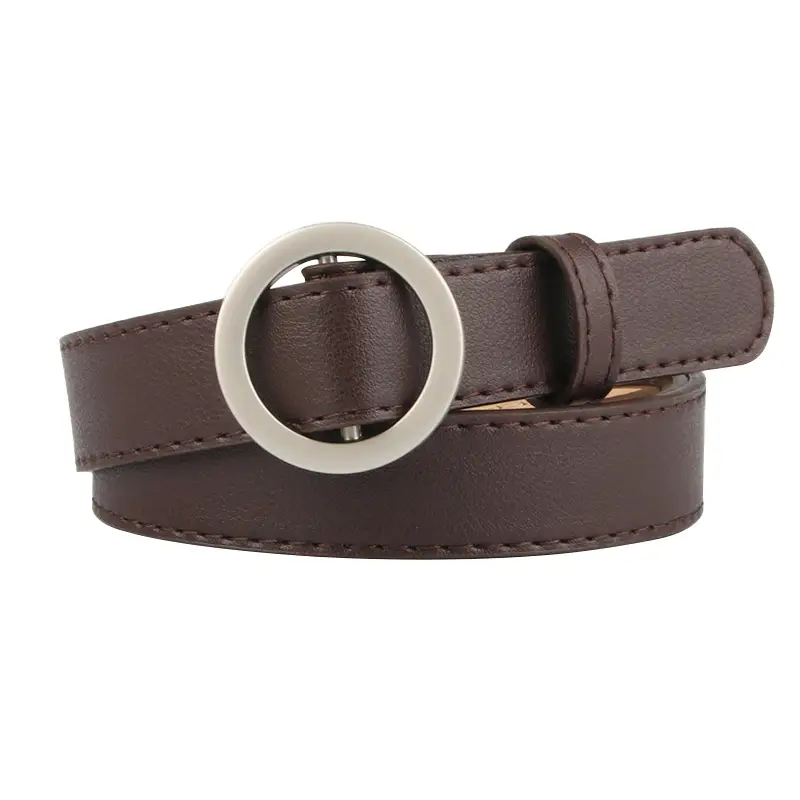 Brown No-Hole Round Buckle Belt for Women - Image 9