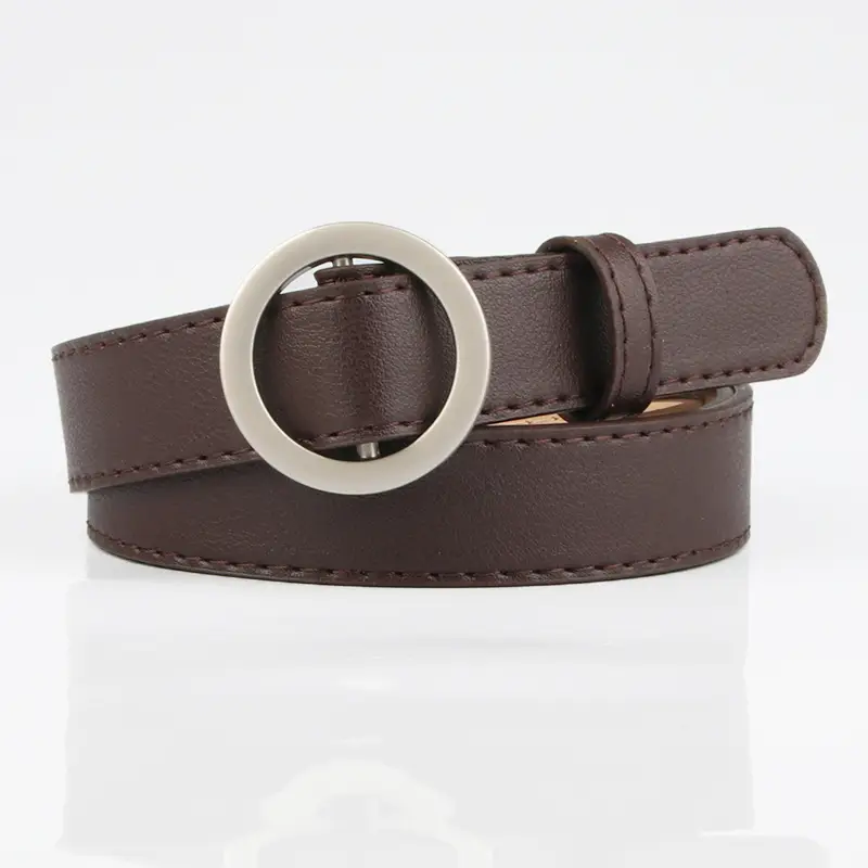 Brown No-Hole Round Buckle Belt for Women - Image 4