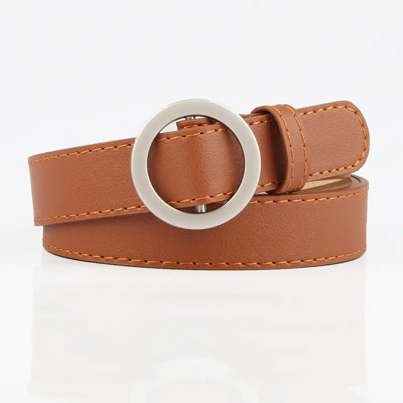 Brown No-Hole Round Buckle Belt for Women - Image 5